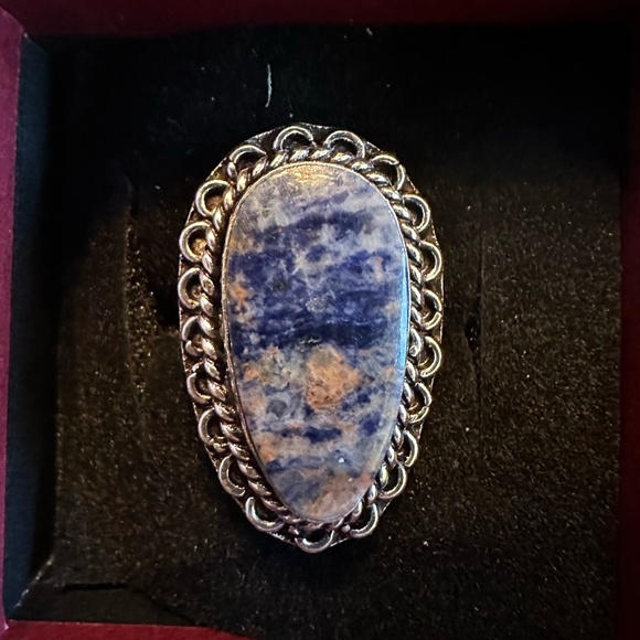 Blue Sodalite Teardrop Shape Stone Silver Plated Brass Adjustable Ring - Picture 2 of 10